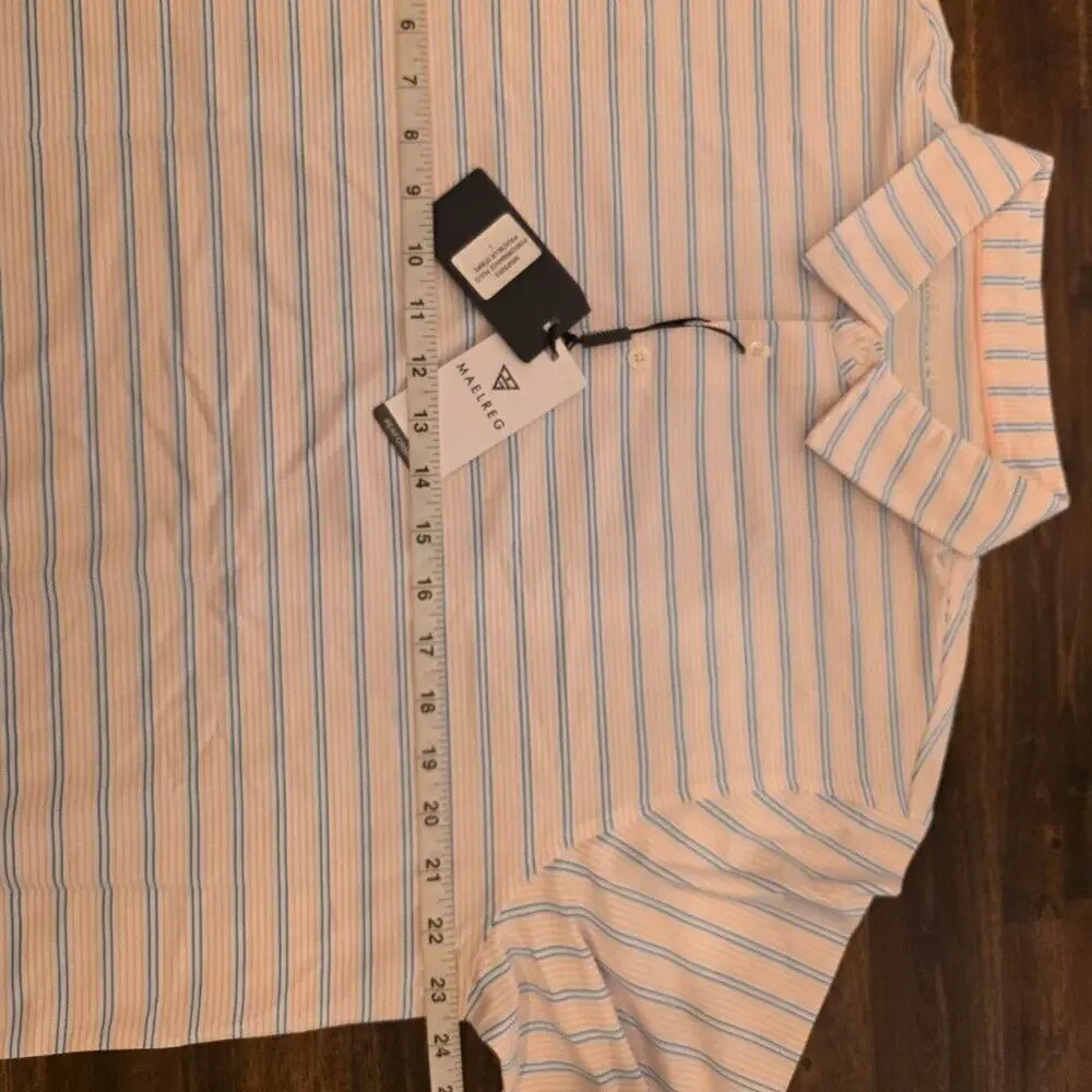 Maelreg Men's Golf Polo Shirt Large Pink Blue Stripe Performance NWT - Picture 2 of 5